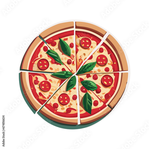 Fresh pizza with tomato, cheese, olive, sausage, onion, basil. Traditional italian fast food. Top view meal. European snack. Isolated white background.