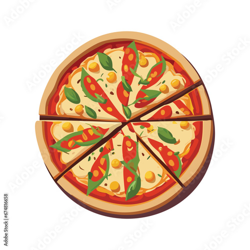 Fresh pizza with tomato, cheese, olive, sausage, onion, basil. Traditional italian fast food. Top view meal. European snack. Isolated white background.