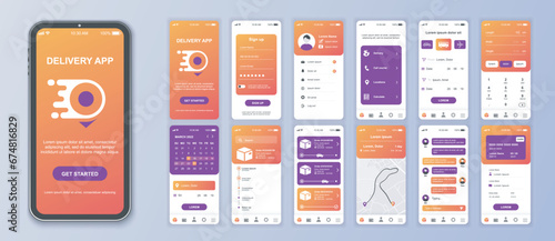 Delivery mobile app interface screens template set. Online account, courier shipping, parcel calculate, tracking order map, payment. Pack of UI, UX, GUI kit for application web layout. Vector design.