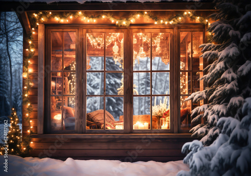 Rustic wooden cabin in the forest in winter landscape. Christmas time. AI generative