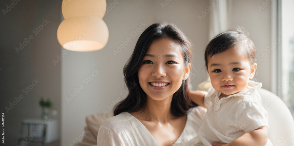 Portrait of asian mother and adorable little girl in luxury house spending quality time together, laugh together, hugging on the couch at home.space for text Portrait of asian mother and adorable little girl in luxury house spending quality time together, laugh together, hugging on the couch at home.space for text