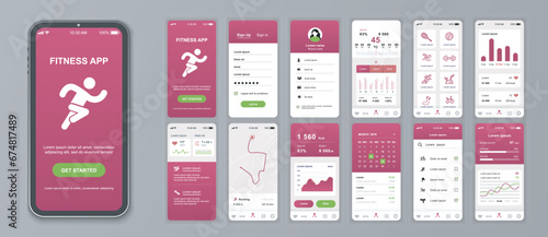 Fitness mobile app interface screens template set. Online account, weight statistic, sport trainings list, heartbeat, calorie, map. Pack of UI, UX, GUI kit for application web layout. Vector design. photo