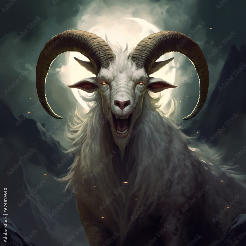 Fusao front view a scary majestic white goat with 4 horns a sol Fusao front view a scary majestic white goat with 4 horns a sol