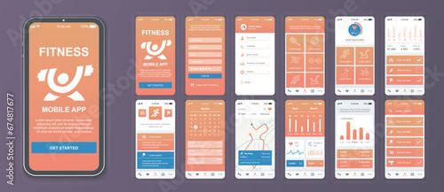 Fitness mobile app interface screens template set. Online account, activity statistic, sport trainings list, data monitoring, map. Pack of UI, UX, GUI kit for application web layout. Vector design.