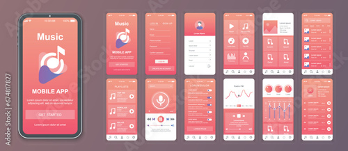 Music mobile app interface screens template set. Online account, playlist, song collection, player, equalizer settings, album search. Pack of UI, UX, GUI kit for application web layout. Vector design.