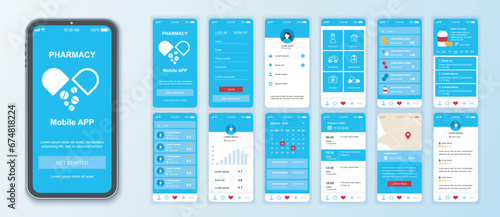 Pharmacy mobile app interface screens template set. Online account, find doctor, emergency, appointments, medicine shop ordering. Pack of UI, UX, GUI kit for application web layout. Vector design.