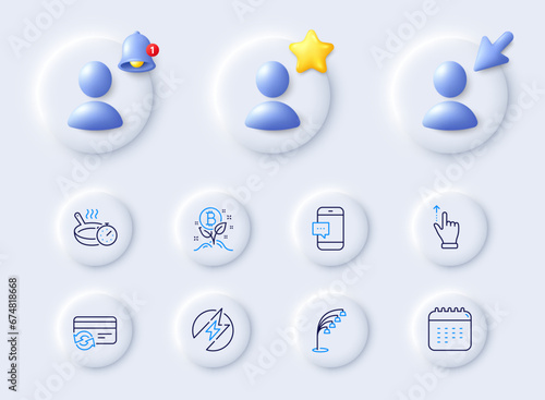 Electric energy, Frying pan and Bitcoin project line icons. Placeholder with 3d cursor, bell, star. Pack of Touchscreen gesture, Change card, Floor lamp icon. Vector