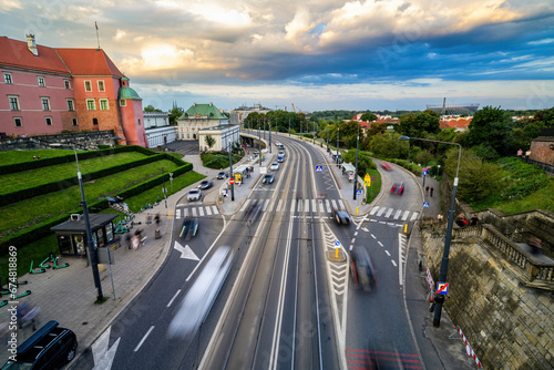 amazing cityscape with blurred driving cars in the center of historical part of Warsaw © Ievgen Skrypko