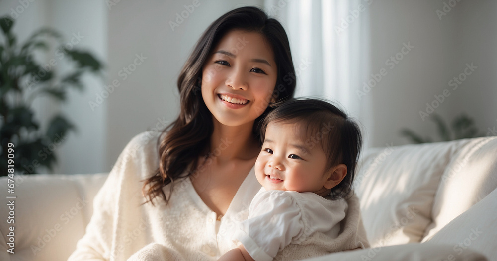 Portrait of black asian and adorable little girl in luxury house spending quality time together, laugh together hugging on the couch at home. space for text Portrait of black asian and adorable little girl in luxury house spending quality time together, laugh together hugging on the couch at home. space for text