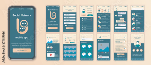 Social network mobile app interface screens template set. Online account, friends chat, messages, photo posts, blogging statistics. Pack of UI, UX, GUI kit for application web layout. Vector design.