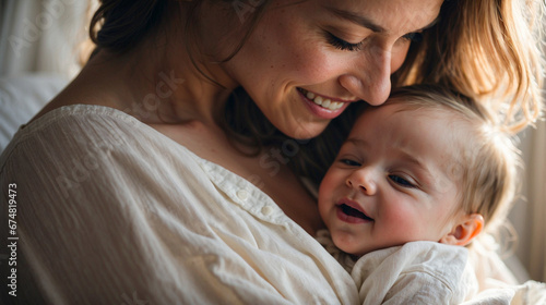 close up portrait of a caucasian mother and her adorable baby in a lighted space spending quality time together, mother and child connection