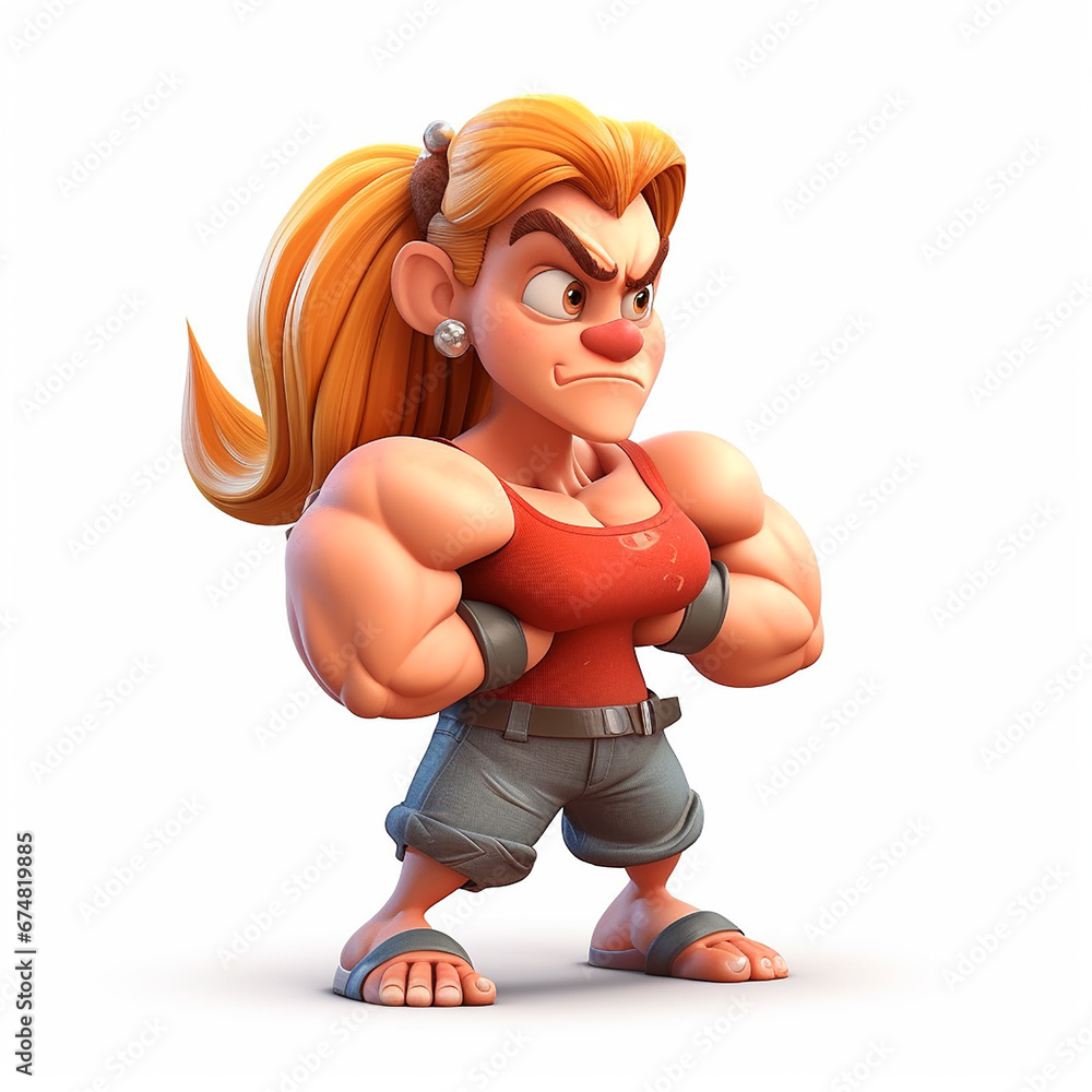 Bodybuilder woman, boxer, girl with big muscles, funny cute cartoon 3d illustration on white background, creative avatar Bodybuilder woman, boxer, girl with big muscles, funny cute cartoon 3d illustration on white background, creative avatar