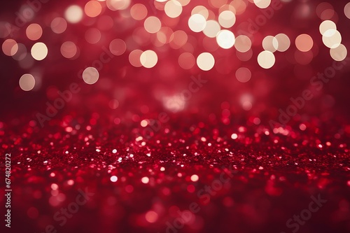 red christmas background. table strewn with sparkles on a blurry fire background. Great background for sales
