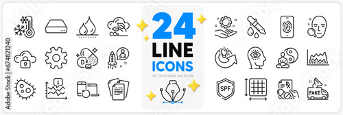 Icons set of Co2 gas, Recovery devices and Waterproof line icons pack for app with Square area, Prescription drugs, Employee hand thin outline icon. Fake news, Startup, Freezing pictogram. Vector