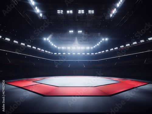 Epic empty ring for fights without rules and MMA in the spotlight on the fight night AI photo