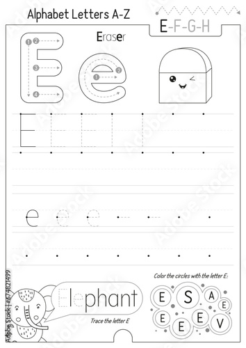 Letter Tracing Worksheet for Activity Book for kids. For Letter E upper and lower case. Preschool tracing and writing practice for toddler and teacher. Black and white Vector printable page