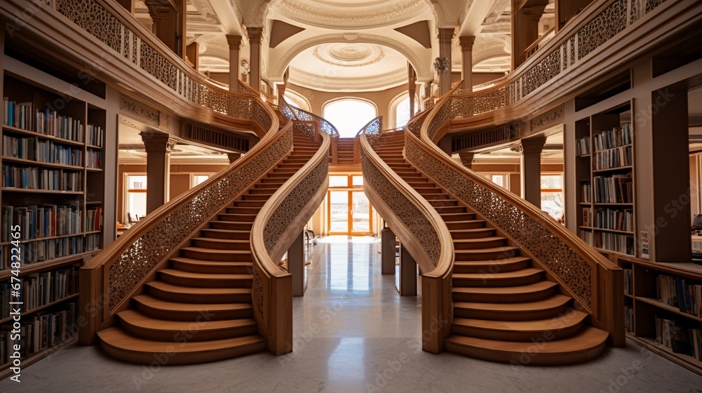 Sivas/Turkey, 20 March 2019: Interrior view of Ziyabey Library. Interrior design. Stairs inside of Ziyabey Library in Sivas. The staircase and hall is a amazing architectural work Sivas/Turkey, 20 March 2019: Interrior view of Ziyabey Library. Interrior design. Stairs inside of Ziyabey Library in Sivas. The staircase and hall is a amazing architectural work