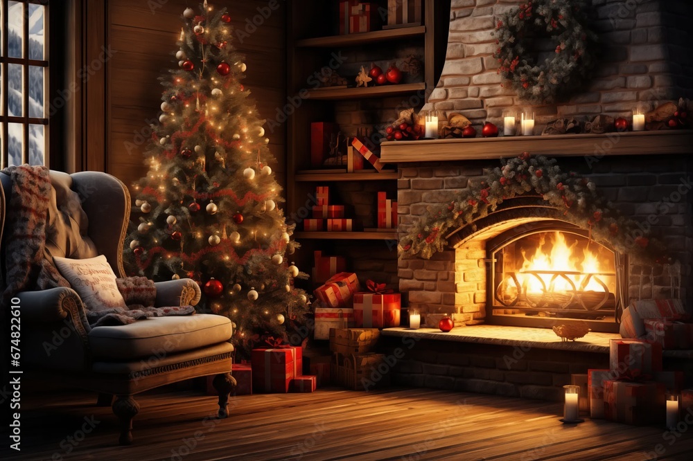 Christmas Home Scene Filled with Xmas Decorations, Fir Tree, Candles, Log Fire, Chair, Blankets, Cosy and Warm Glow Traditional Front Living Room Gifts Presents traditional 