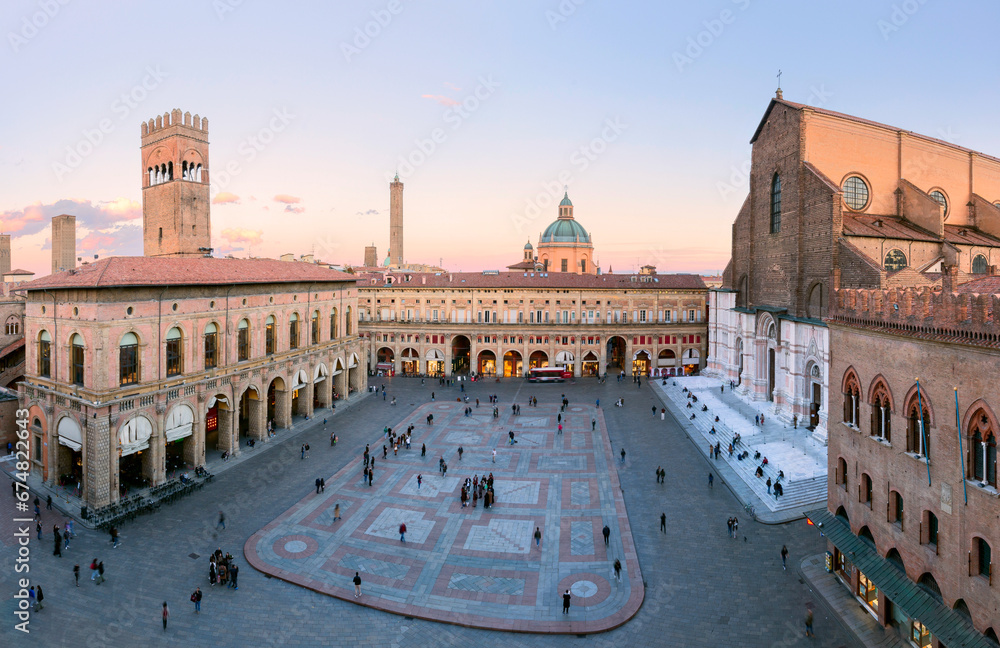 Bologna. Medieval city in Emilia Romagna in Italy Europe. Art and culture. Tourists from all over the world for Piazza Maggiore, Via Indipendenza, the leaning towers and the oldest university