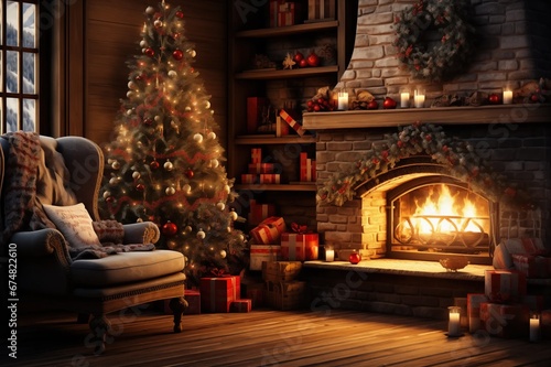 Christmas Home Scene Filled with Xmas Decorations, Fir Tree, Candles, Log Fire, Chair, Blankets, Cosy and Warm Glow Traditional Front Living Room Gifts Presents traditional 