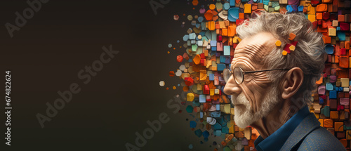 Parkinson´s disease, Alzheimer awareness day, dementia diagnosis, memory loss disorder, brain with puzzle pieces, old man
 photo