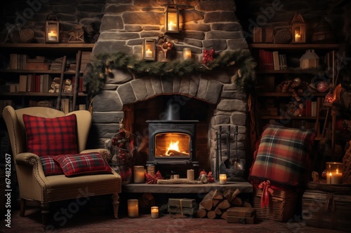 Christmas Home Scene Filled with Xmas Decorations, Fir Tree, Candles, Log Fire, Chair, Blankets, Cosy and Warm Glow Traditional Front Living Room Gifts Presents traditional  photo