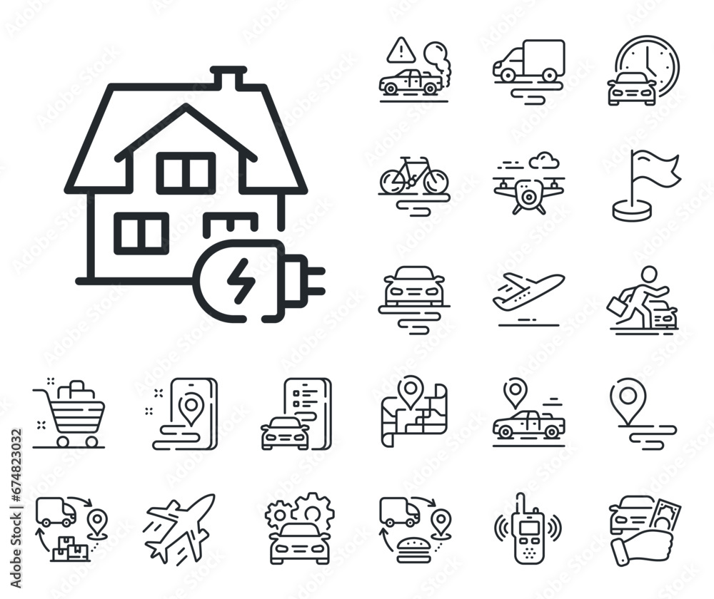 House car charger sign. Plane, supply chain and place location outline icons. Home charging line icon. Electric power symbol. Home charging line sign. Taxi transport, rent a bike icon. Vector