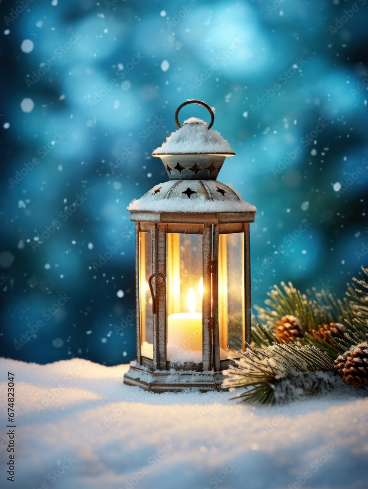 Old christmas candle lantern in snowfall against blurred forest background. Selective focus and shallow depth of field. Old christmas candle lantern in snowfall against blurred forest background. Selective focus and shallow depth of field.