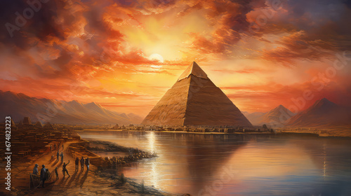 oil painting on canvas  view of pyramid. Artwork. Big ben. Pyramid as sunset. Egypt