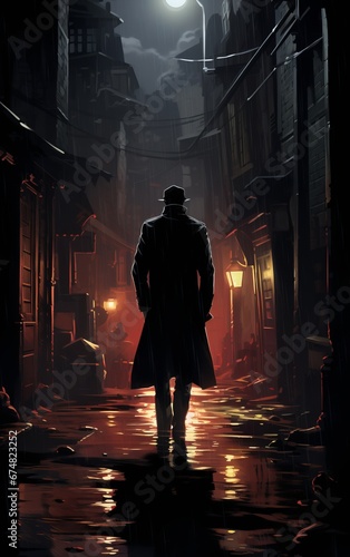 Fantasy scene with a man in a raincoat walking in a foggy street