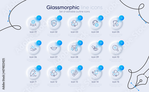 Set of Skin care, Dont touch and Covid test line icons for web app. Chromium mineral, Calcium mineral, Coronavirus icons. Shield, Stress protection, Electronic thermometer signs. Vector
