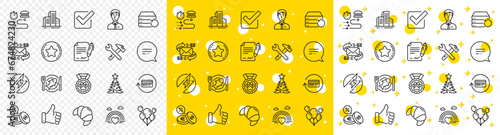 Outline Recovery server, Christmas tree and Loyalty star line icons pack for web with Checkbox, Businessman person, E-mail line icon. Signing document, Food delivery, Croissant pictogram icon. Vector