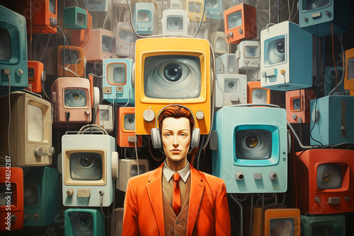 Man with headphone, TV screens with eye, addicted to social media, manipulation and mind control by media, disconnected to reality 