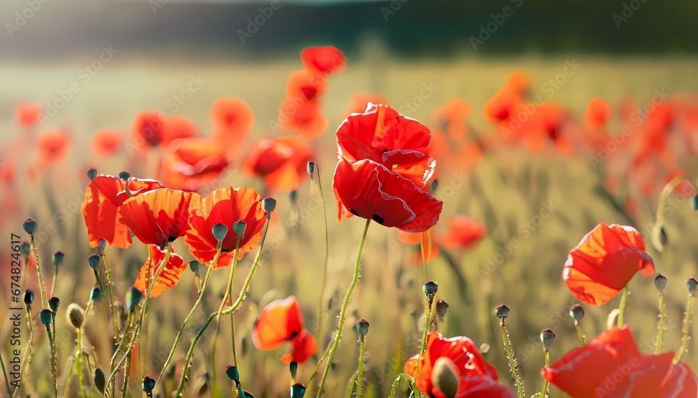 Fototapeta premium Poppies flower in field with blur background