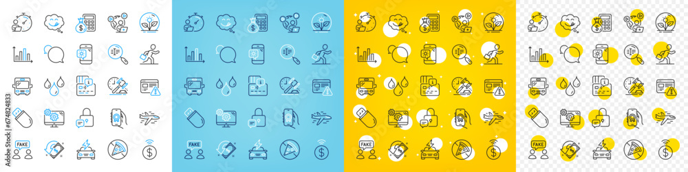 Vector icons set of Bus, Timer and Search text line icons pack for web with Finance calculator, Messenger, Internet warning outline icon. Video conference, Settings, Airplane pictogram. Vector