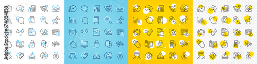 Vector icons set of Bus, Timer and Search text line icons pack for web with Finance calculator, Messenger, Internet warning outline icon. Video conference, Settings, Airplane pictogram. Vector