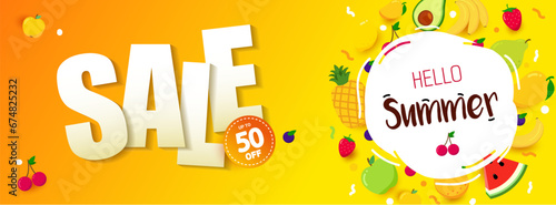 Bright summer sale banner with pieces of ripe fruit, bright yellow design.