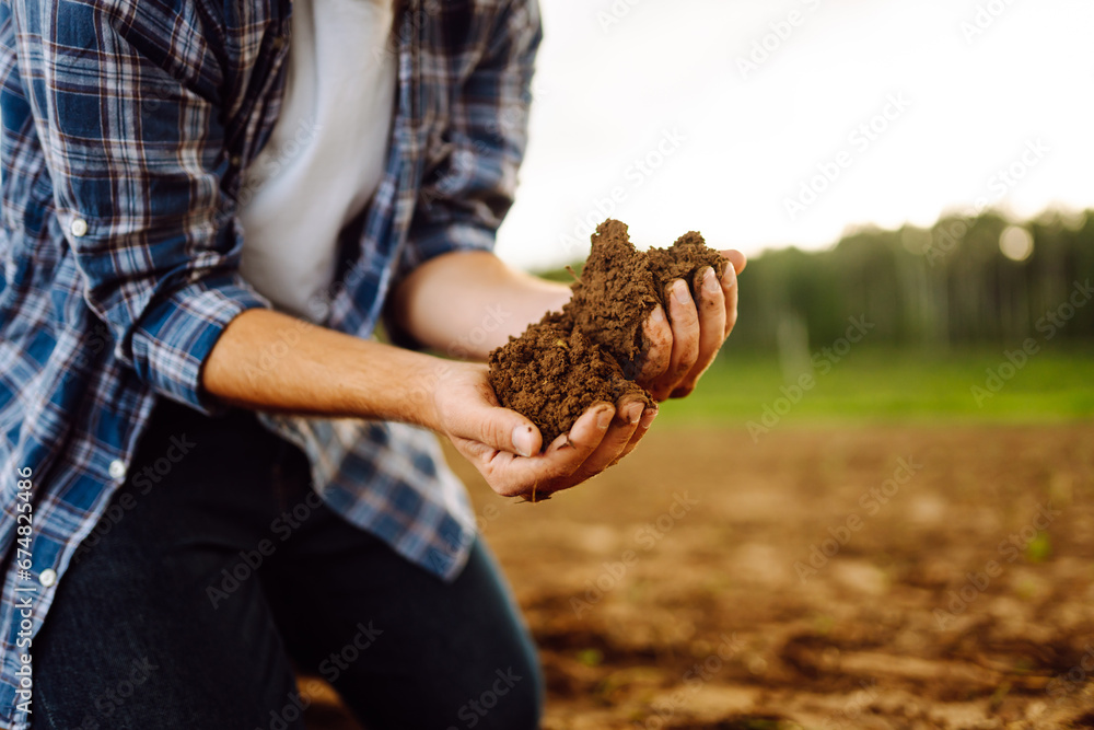 Farmer's hands take the soil from the field and check its quality. Experienced male hands hold the soil. Business, ecology concept.