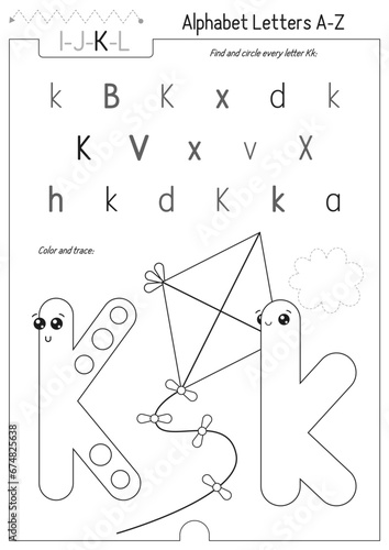 Letter Coloring Worksheet for Kids Activity Book. For Letter K upper and lower case. Preschool tracing lines, shapes and coloring practice for toddler and teacher. Black and white Vector printable