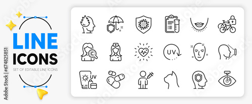Psychology, Sunscreen and Capsule pill line icons set for app include Umbrella, Pets care, Stress outline thin icon. Coronavirus, Bicycle lockers, People vaccination pictogram icon. Vector