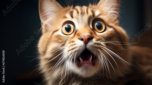 Siberian cat with wide open mouth on a dark background with surprised expression