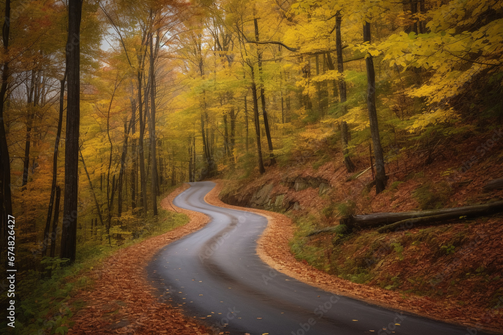 Obraz premium Highway road through the autumn forest. Autumn forest road. Road in autumn forest. Autumn road way