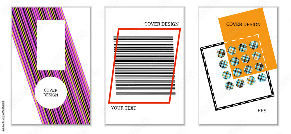 Geometric cover design, set of 3 covers. Abstract unusual background in Memphis style. Bright geometric shapes in random order Geometric cover design, set of 3 covers. Abstract unusual background in Memphis style. Bright geometric shapes in random order