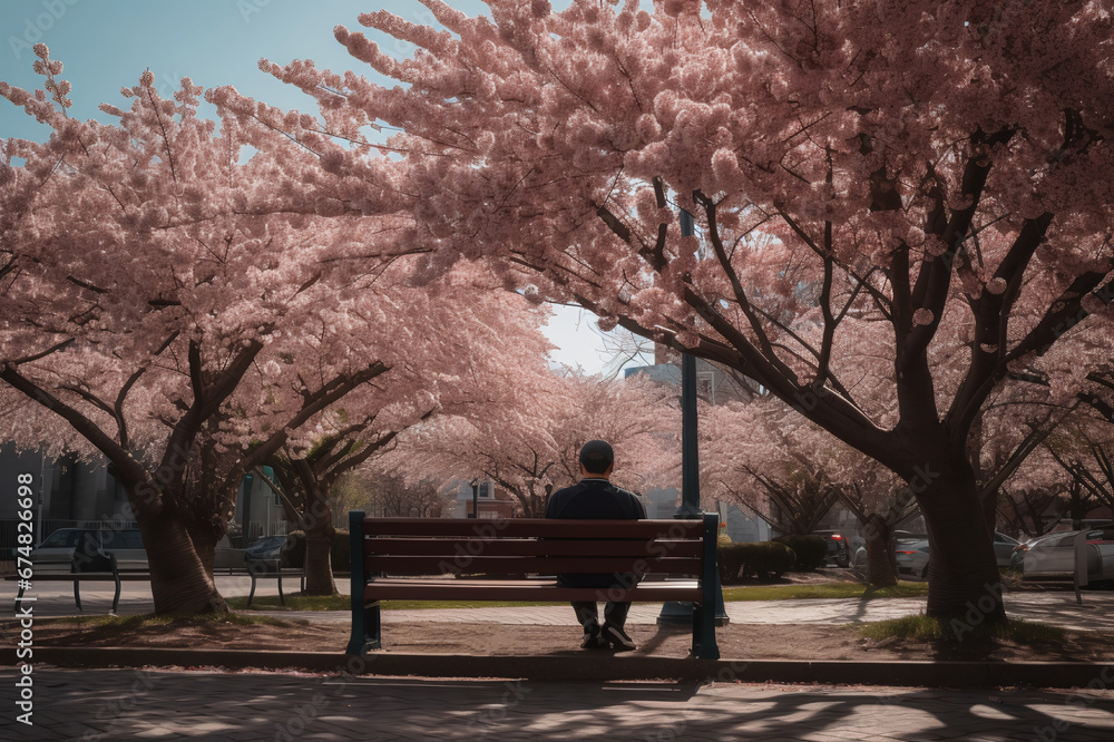 An elderly man sitting on a bench under pink sakura on a quiet spring day. Blooming, pink sakura garden.