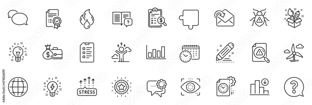 Icons pack as Winner star, Inspiration and Idea line icons for app include Checklist, Flammable fuel, Globe outline thin icon web set. Decreasing graph, Software bug, Brand contract pictogram. Vector