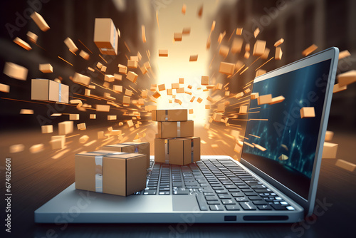 Cardboard delivery boxes bursting out of a laptop screen, symbolizing the essence of e-commerce, online shopping, and efficient fulfillment. Ideal for digital retail and logistics concepts