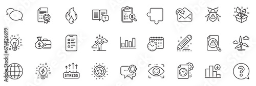 Icons pack as Winner star, Inspiration and Idea line icons for app include Checklist, Flammable fuel, Globe outline thin icon web set. Decreasing graph, Software bug, Brand contract pictogram. Vector