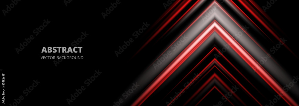 Obraz premium Red and gray abstract arrows on a wide black background banner. Vector illustration