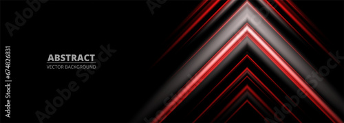 Red and gray abstract arrows on a wide black background banner. Vector illustration
