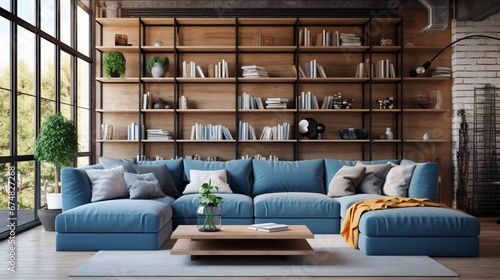 View of interrior of spacious living room with big blue sofa. Bright decoration of appartment with bookshelf, TV, wide window and curpet on wooden floor. Concept of loft style